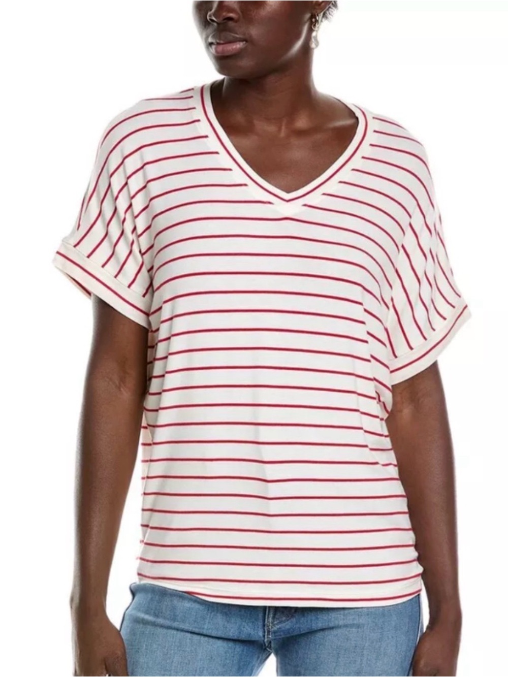 Cabi Red Striped V-Neck Cookout Tee #640 - Picture 1 of 11